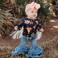 Load image into Gallery viewer, Shea Baby Black Floral Skull With Fringe Onsie
