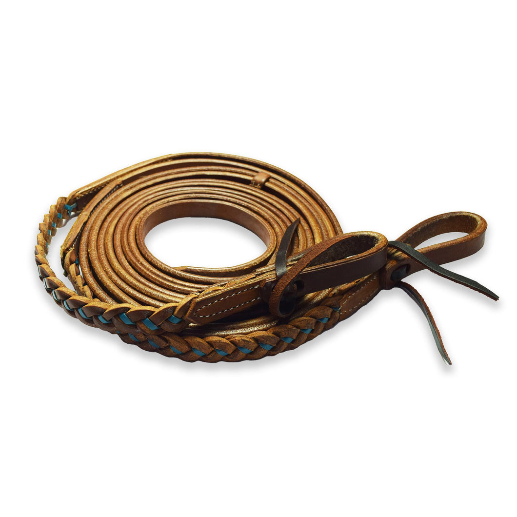 EZY RIDE SPLIT REINS WITH BLUE PLAITING