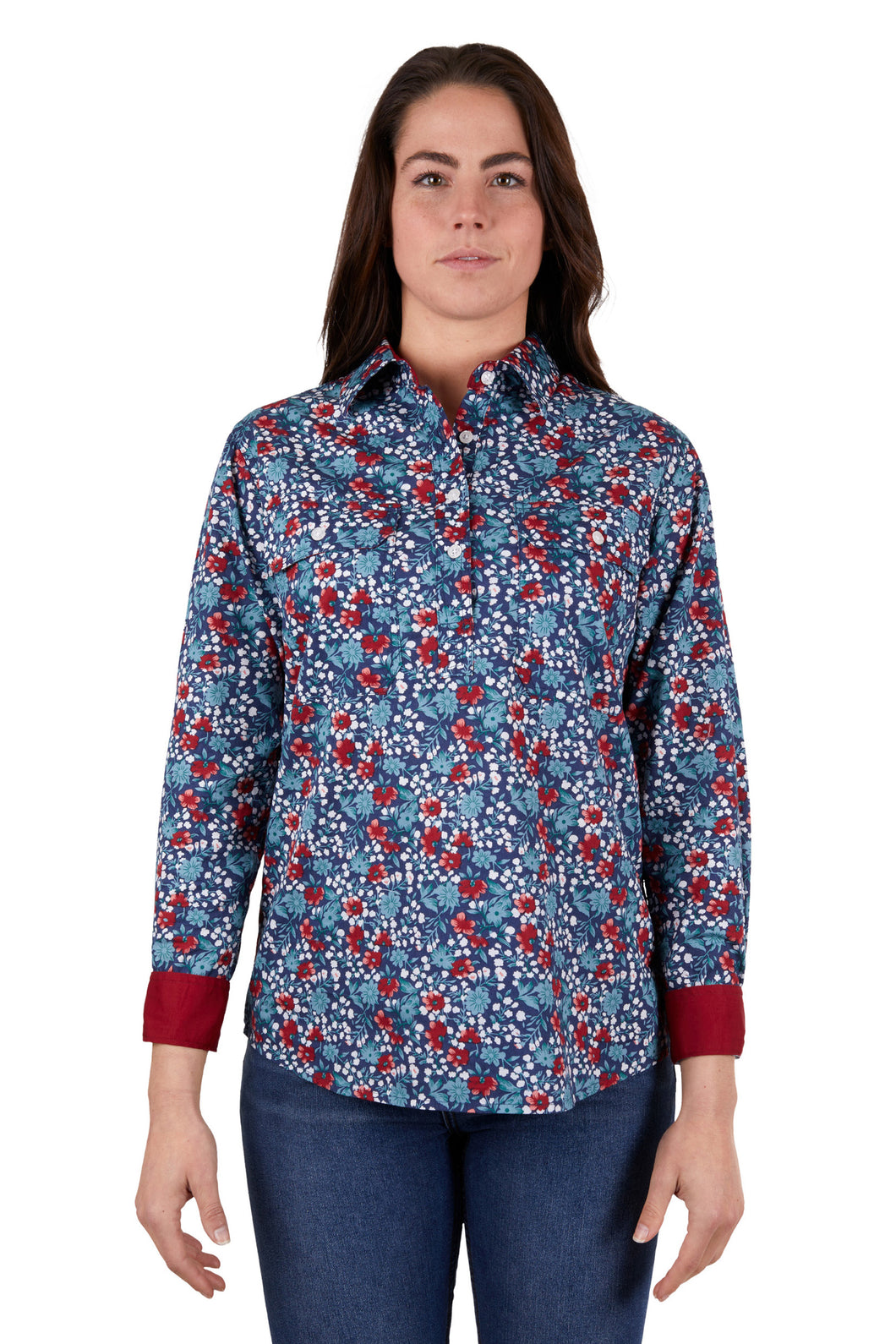 HARD SLOG WOMENS LORRIS HALF BUTTON LONG SHIRT