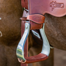 Load image into Gallery viewer, AUSTRALIAN STOCKMANS STIRRUP IRONS WITH LEATHER TREAD

