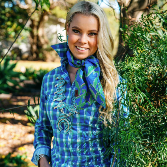 HITCHLEY & HARROW BLUE & GREEN CHECK COLLARED RANCH RANGE ARENA SHIRT