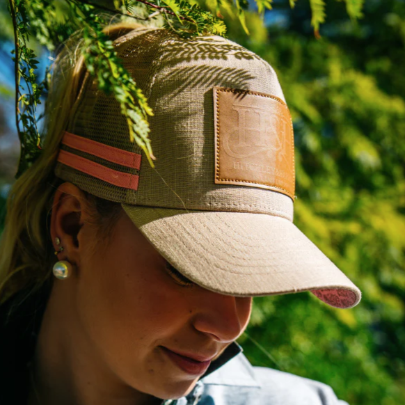 HITCHLEY & HARROW TRUCKER CAP - BEIGE & BABY PINK WITH PONY TAIL STYLE