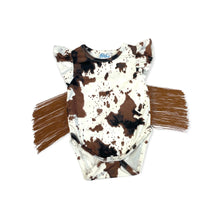 Load image into Gallery viewer, Shea Baby Brown Cowprint With Fringe Onsie
