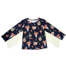 Load image into Gallery viewer, Shea Baby Black Floral Skull With Fringe Shirt
