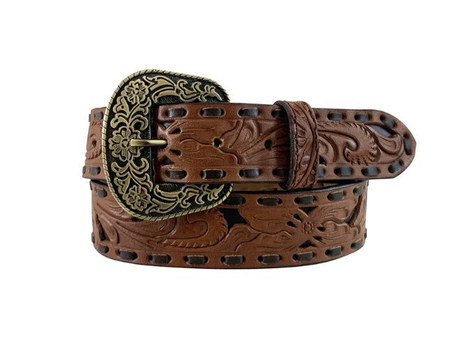 ROPER WOMENS BELT - GENUINE LEATHER FLORAL EMBOSSED WITH LACING TAN