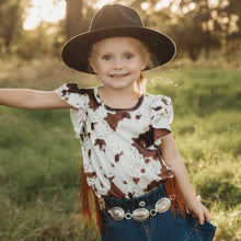 Load image into Gallery viewer, Shea Baby Brown Cowprint With Fringe Shirt
