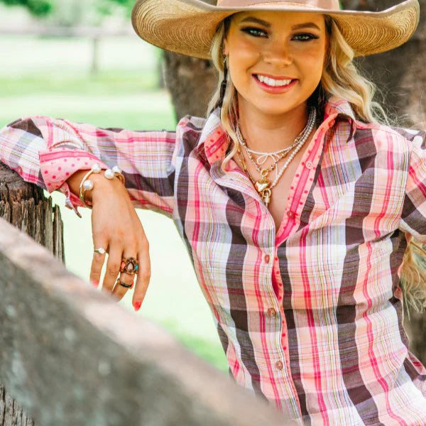 HITCHLEY & HARROW FITTED PEACH & BROWN CHECK COLLARED RANCH RANGE ARENA SHIRT