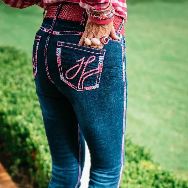 HITCHLEY & HARROW ULTRA HIGH RISE WEST HOLLYWOOD NEON PINK STITCH JEANS