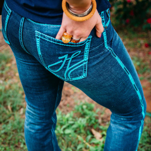 Hitchley & Harrow Ultra High Rise Kentucky Turquoise Heart Stitch Jeans