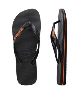 HAVAIANA KIDS RUBBER LOGO BLACK/ORANGE NEON THONGS