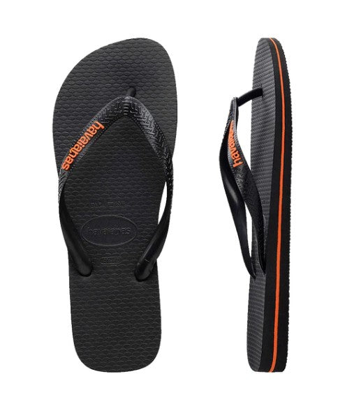 HAVAIANA KIDS RUBBER LOGO BLACK/ORANGE NEON THONGS