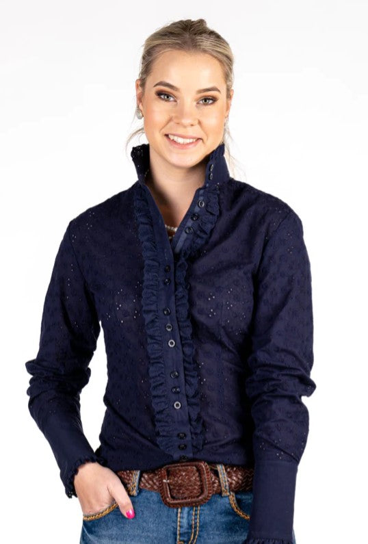 HITCHLEY & HARROW NAVY BRODERIE RUFFLE SHIRT