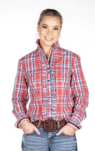 Load image into Gallery viewer, HITCHLEY &amp; HARROW RED AND NAVY FRILL COLLARED RANCH RANGE ARENA SHIRT
