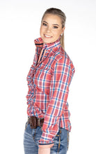 Load image into Gallery viewer, HITCHLEY &amp; HARROW RED AND NAVY FRILL COLLARED RANCH RANGE ARENA SHIRT
