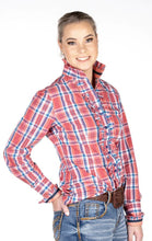 Load image into Gallery viewer, HITCHLEY &amp; HARROW RED AND NAVY FRILL COLLARED RANCH RANGE ARENA SHIRT
