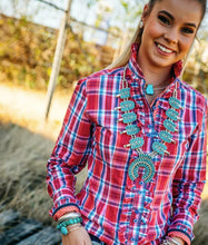 Load image into Gallery viewer, HITCHLEY &amp; HARROW RED AND NAVY FRILL COLLARED RANCH RANGE ARENA SHIRT
