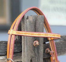 Load image into Gallery viewer, TOPRAIL HERMANN OAK HEADSTALL WITH BARBWIRE STAMP BROWBAND
