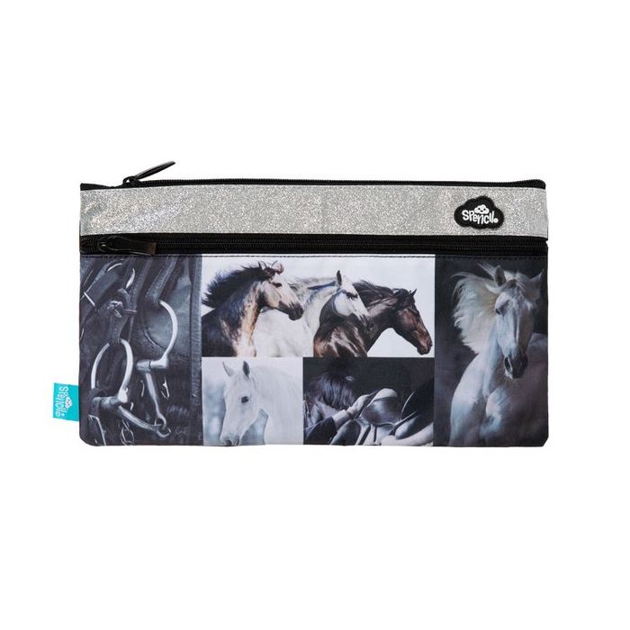 TWIN ZIP PENCIL CASE - B & W HORSES