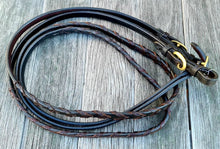 Load image into Gallery viewer, Toprail Lace Plait Leather Brass Buckle Joined Reins
