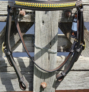 TOPRAIL GREEN & YELLOW THIN PLAIT LEATHER BRIDLE