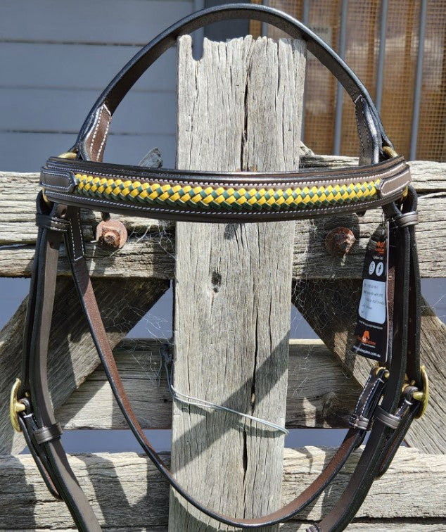 Toprail Green & Yellow Thin Plait Leather Bridle