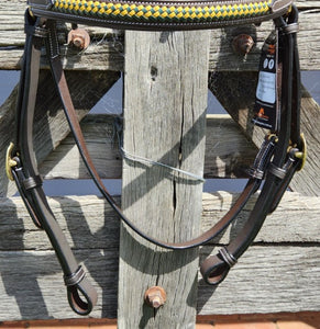 TOPRAIL GREEN & YELLOW THIN PLAIT LEATHER BRIDLE