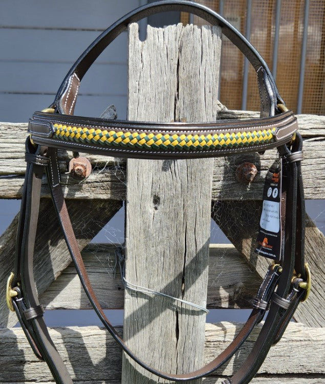 TOPRAIL GREEN & YELLOW THIN PLAIT LEATHER BRIDLE